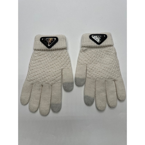 Prada Gloves Touchscreen Knit Cream Logo Applique Womens - Picture 1 of 7